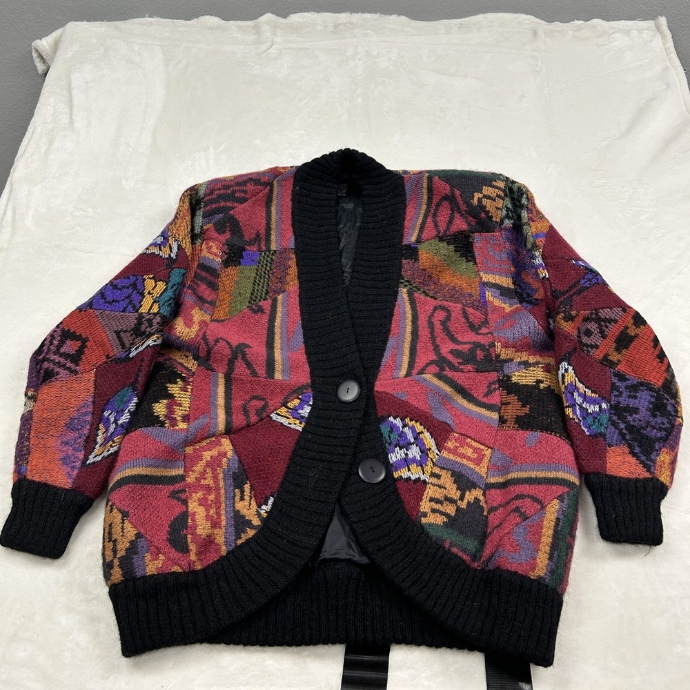 Ile Chois Cardigan Sweater Womens OS Multi Color Abstract Patchwork Wool
